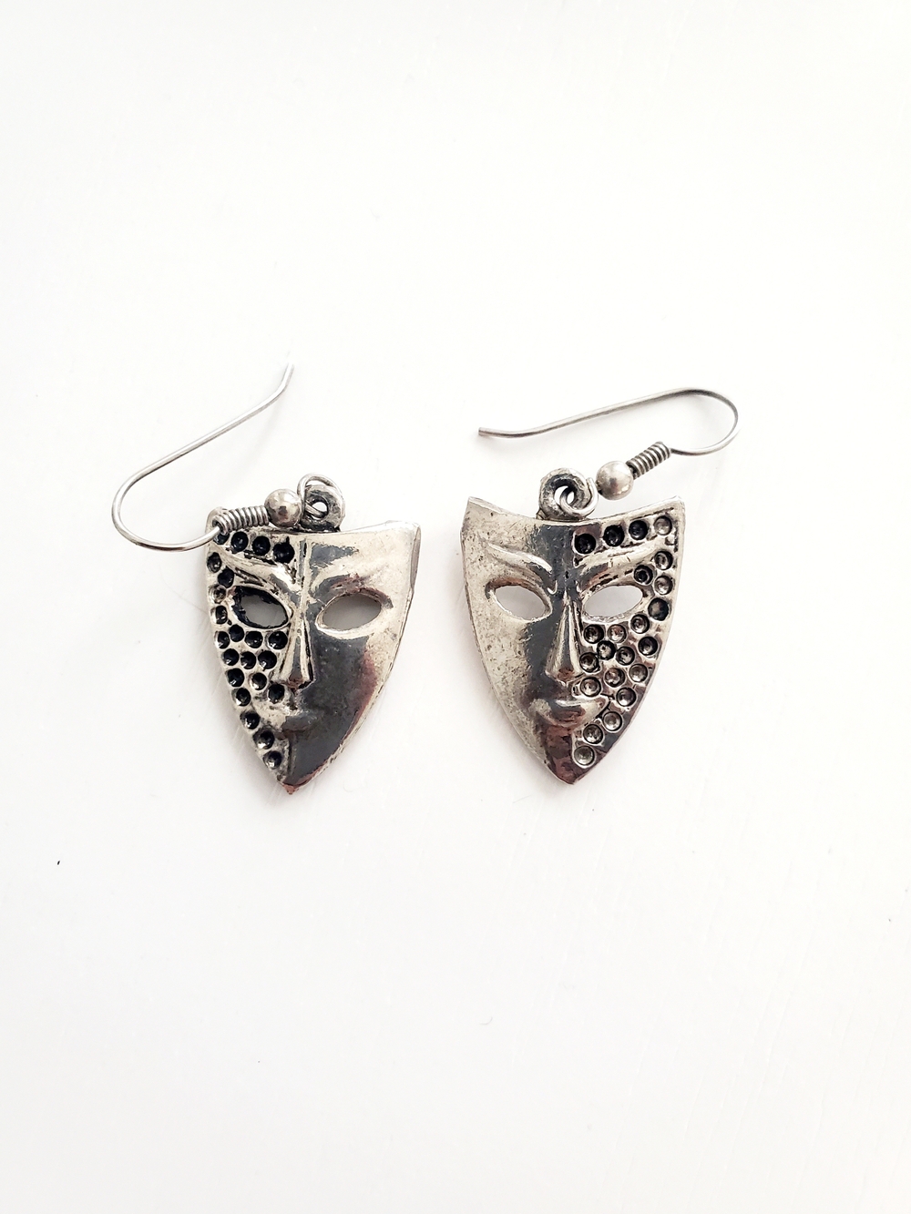 Silver Mask Drop Earrings - Silver Theater Face Design